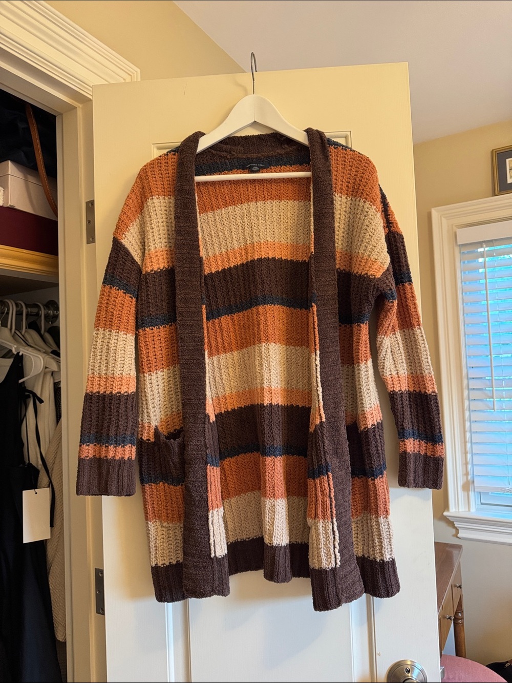 American Eagle Outfitters Striped Open-Front Cardigan in Brown, Cream & Rust
